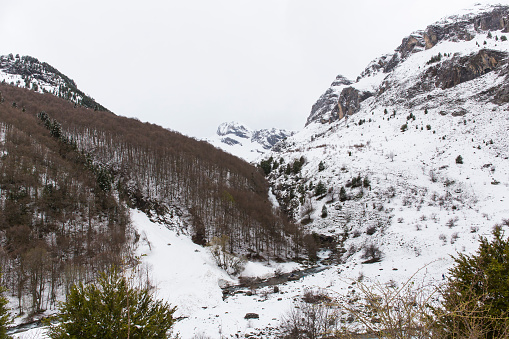 Bujaruelo valley in Ordesa y Monte Perdido national park with snow, Aragón, Huesca, Spain.