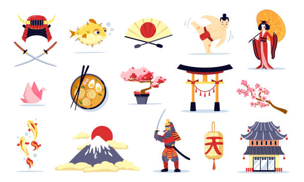 ilustraciones, imágenes clip art, dibujos animados e iconos de stock de japones símbolos cartoon set - religion symbol buddhism fish