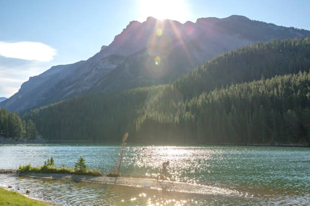 istock Mountain biker rides along sandy spit in mountain lake 1163008477