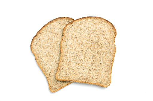 Two slices of keto bread isolated on a white background.