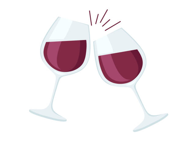 illustrazioni stock, clip art, cartoni animati e icone di tendenza di due bicchieri da vino con vino rosso tifa illustrazione vettoriale piatta su sfondo bianco - bicchiere da vino