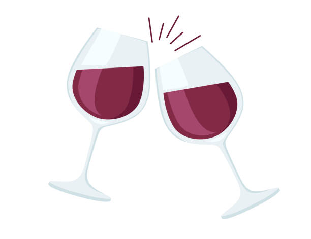 흰색 배경에 레드 와인 응원 플랫 벡터 일러스트와 두 와인 잔 - wineglass stock illustrations