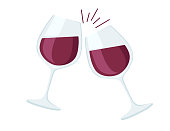 Two wine glasses with red wine cheers flat vector illustration on white background