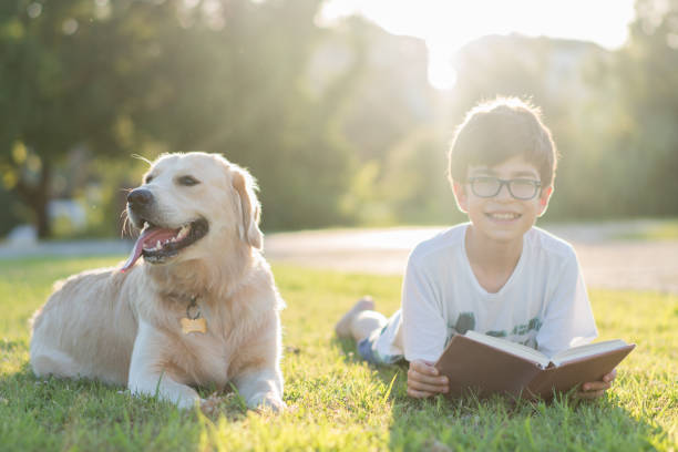 istock Schoolboy reading book with her dog 1163010092