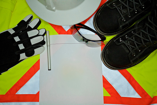 Safety Personal Protection Equipment including hardhat, gloves, protective glasses