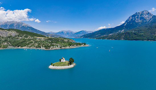 Chapel Saint Michelle in lake of Serre Poncon Alps de Haute Provence France