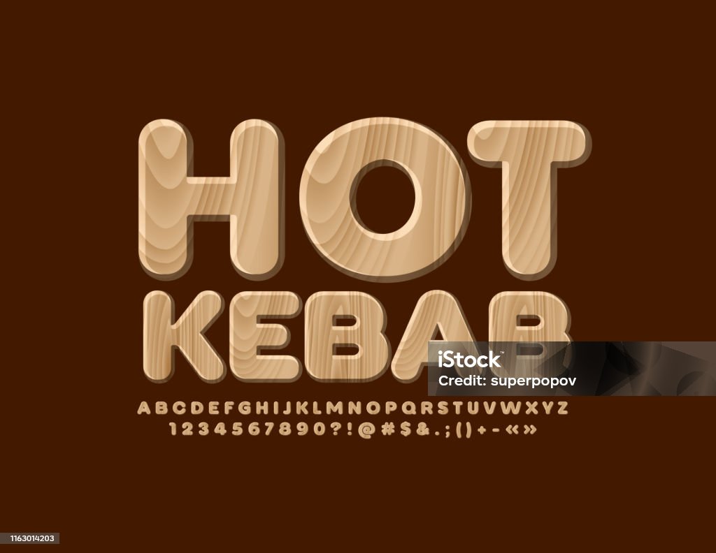 Kebab Lettering Simple Vector Wooden Emblem Hot Kebab With Font Tree Textured Alphabet Stock ...