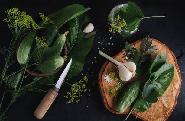 Salted cucumbers. Spices and herbs for making pickles. The top view of the wooden background stock photo