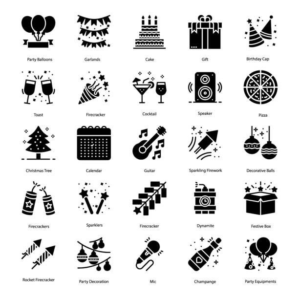 party elements solid icons pack - italian dessert audio stock-grafiken, -clipart, -cartoons und -symbole