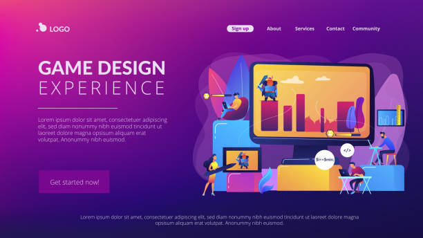 Computer games development concept landing page Gaming industry startup, company. Programmers work on videogame. Computer games development, video game programming, game design experience concept. Website homepage landing web page template. game developer stock illustrations