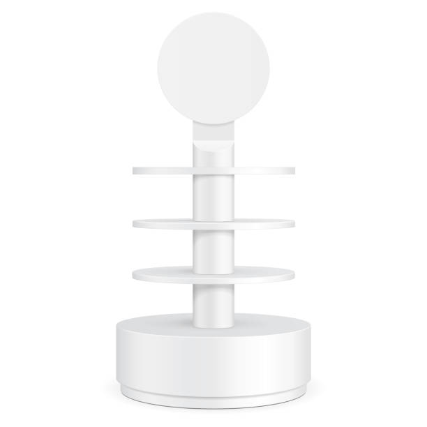 istock Round Cardboard Floor Display Rack For Supermarket Blank Empty With Shelves. Illustration Isolated On White Background. Ready For Your Design. Product Advertising. Vector EPS10 1163018283