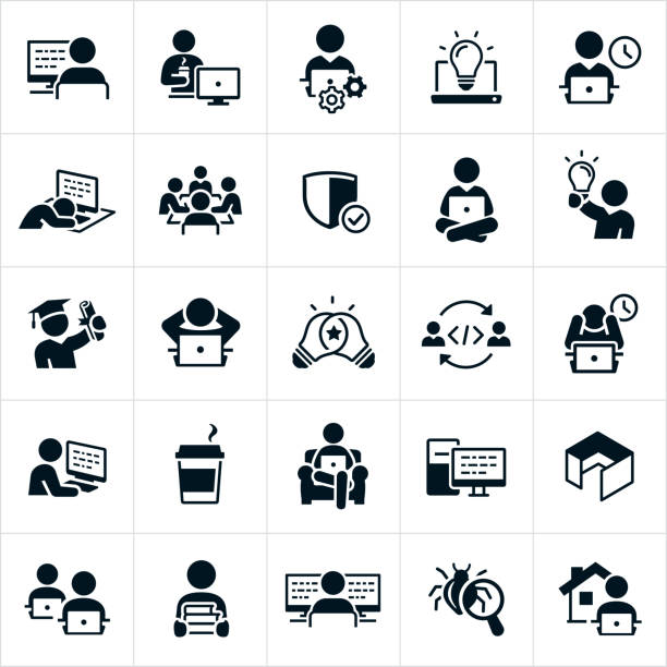 Computer Programming Icons A set of software and computer programming icons. The icons include software developers, software programmers, computer programmers, coders and developers. They include developers and programers working on laptops, on desktops and from remote locations. They include code on computers, working late hours, working overtime, asleep at the computer, holding a college degree, writing code, coffee, an office cubicle, books for study, computer bug and working from home to name just a few. computer programmer stock illustrations