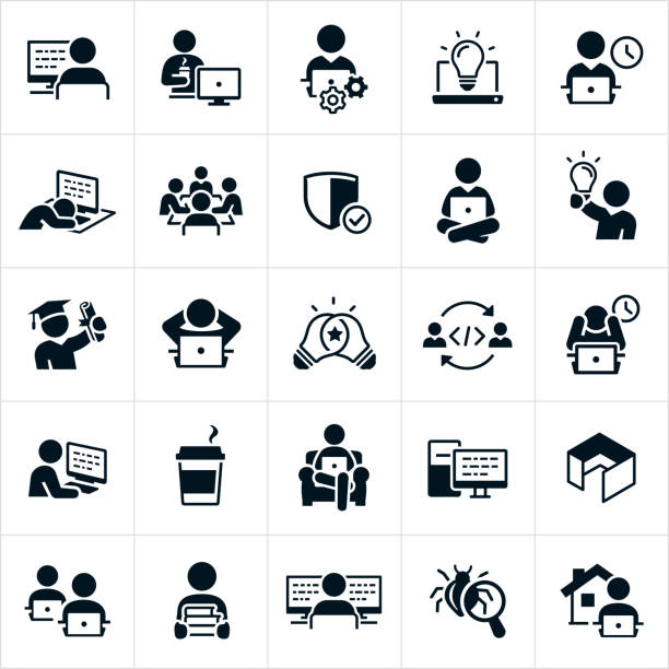 A set of software and computer programming icons. The icons include software developers, software programmers, computer programmers, coders and developers. They include developers and programers working on laptops, on desktops and from remote locations. They include code on computers, working late hours, working overtime, asleep at the computer, holding a college degree, writing code, coffee, an office cubicle, books for study, computer bug and working from home to name just a few.