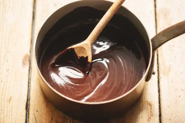 Preparing chocolate sauce in pot
