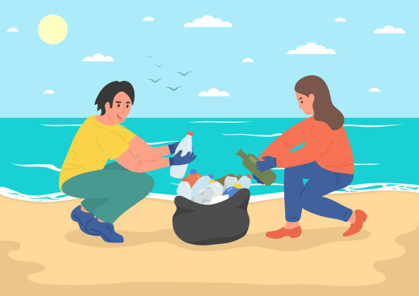 ilustrações, clipart, desenhos animados e ícones de ativistas voluntários ambientais que limpam a praia do mar - mulher catando lixo