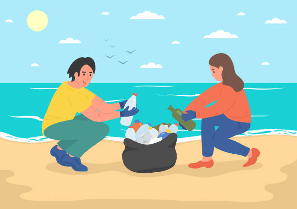 Environmental volunteer activists cleaning sea beach Environmental volunteer activists cleaning sea beach. Vector illustration environmental cleanup stock illustrations