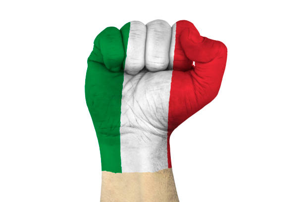 male hand in fist shape with flag covered