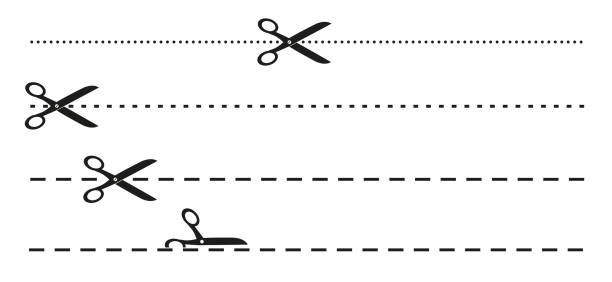 einfache flache schwarze und weiße schere und gepunktetes oder gestricheltes perforationsliniensymbol - gepunktete linie stock-grafiken, -clipart, -cartoons und -symbole