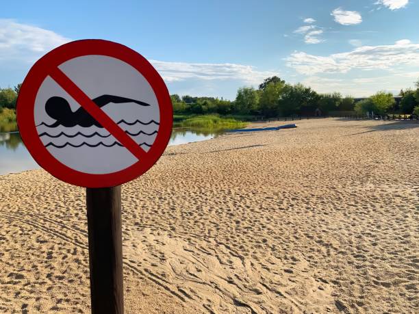 istock sign - swimming is prohibited.  sand beach.  green vegetation. 1163030829