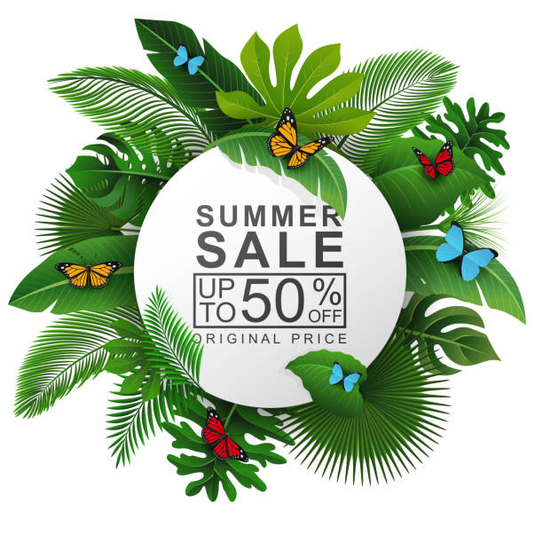 Round sign with Tropical Leaves and Summer Sale text . Suitable for promotion, advertising, and summer holiday Compatible with Adobe Illustrator version 10, No raster and is easy to edit, Illustration contains transparency and blending effects areca palm tree stock illustrations