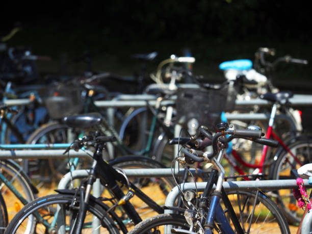 istock Urban transport, many parked bicycles, blurred background 1163036588