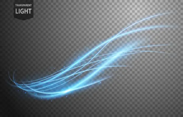 Vector illustration of Abstract blue wavy line of light with a transparent background, isolated and easy to edit