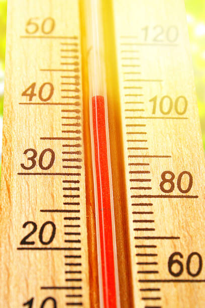 istock Thermometer displaying high 40 degree hot temperatures in sun summer day. 1163041216