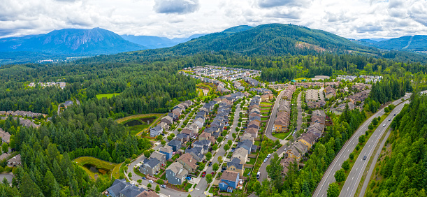 Snoqualmie Ridge Washington USA Aerial Overview Mountain Forest Community Suburban Neighborhood Housing Development