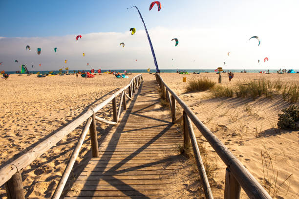 Tarifa beach. Tarifa beach. Kite surfing beach in southern Spain. Costa del Sol, Andalusia, Spain. Picture taken 14 july 2019. kiteboard stock pictures, royalty-free photos & images