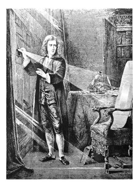 ilustraciones, imágenes clip art, dibujos animados e iconos de stock de ilustración antigua - isaac newton analizando el rayo de luz - sir isaac newton