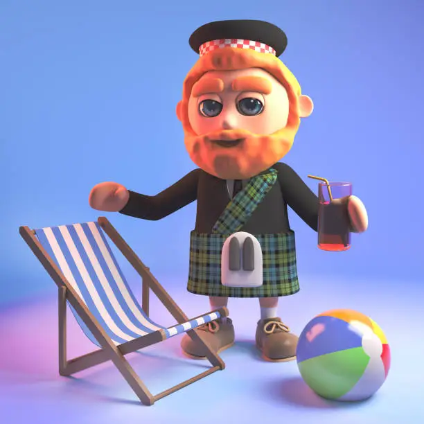 Relaxed Scottish man in kilt on holiday with his deck chair, beachball and drink, 3d illustration render