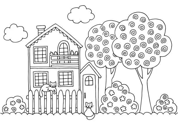 Vector illustration of Hand-drawn coloring page with a two-storey house and cats