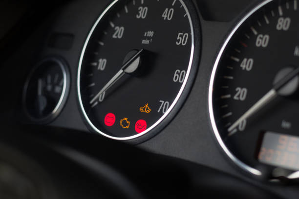 istock Dashboard indicators of usual car. Selective focus on tachometer. 1163049942