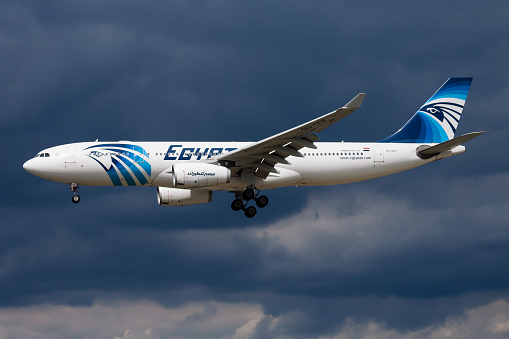 Frankfurt / Germany - August 17, 2014: Egyptair Airbus A330-200 SU-GCF passenger plane landing at Frankfurt airport