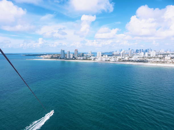 Parasailing On Miami Beach View of South Miami Beach from 400 feet in the air while parasailing. miami parachuting stock pictures, royalty-free photos & images