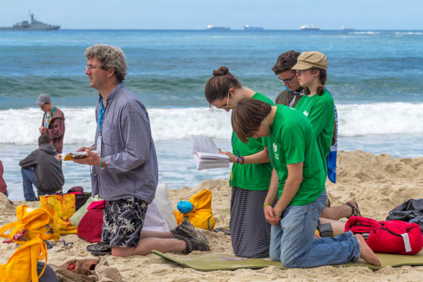 Rio de Janeiro, Brazil - July 28, 2013: At the World Youth Day 2013, people gather to attend Pope Francis Mass at Copacabana Beach