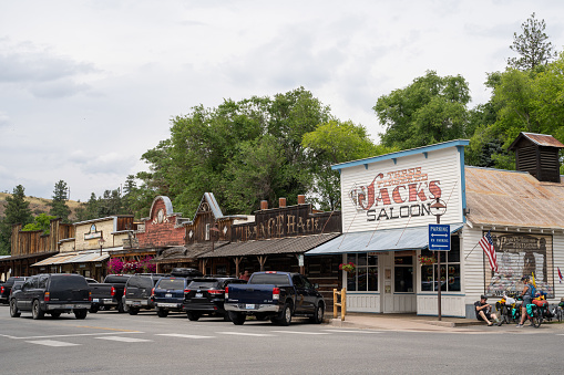 Winthrop, Washington - July 5, 2019: Street view of downtown Winthrop, a small wild west theme town in the Cascade Mountains of Washington State.
