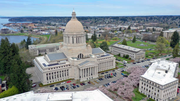 オリンピアのワシントン州都ビルの春の桜の空中展望 - washington state capitol building ストックフォトと画像