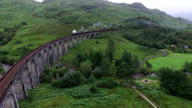 Aerial view of the Jacobite crossing Glenfinnan Viaduct
