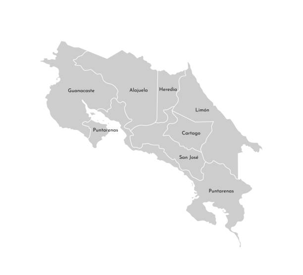 哥斯大黎加簡化行政地圖的向量孤立圖。省(區)的邊界和名稱。灰色剪影。白色輪廓 - costa rica 幅插畫檔、美工圖案、卡通及圖標