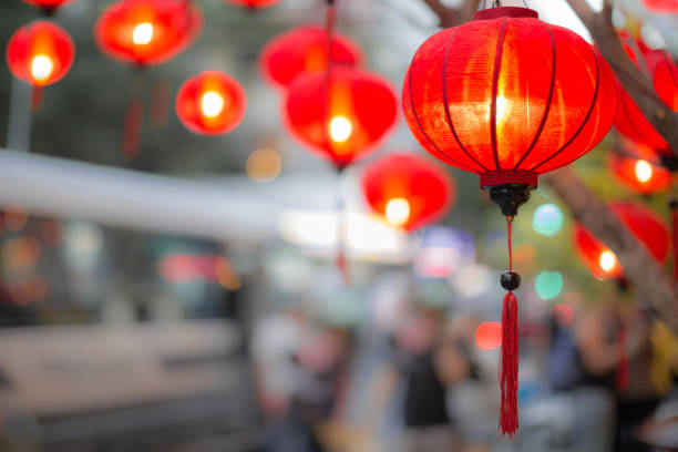 красивые традиционные фонари, свисая с дерева во время китайского лунного нового года. - red lantern стоковые фото и изображения
