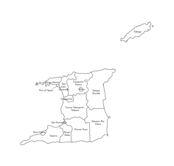 Vector isolated illustration of simplified administrative map of Trinidad and Tobago. Borders and names of the regions. Black line silhouettes Vector isolated illustration of simplified administrative map of Trinidad and Tobago. Borders and names of the regions. Black line silhouettes. trinidad tobago map stock illustrations