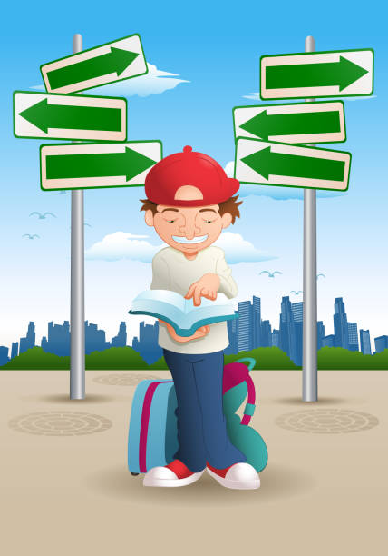 istock illustration of a boy reading guiding book for traveling 1163061309