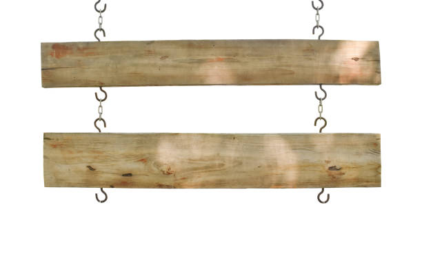 istock Empty wooden signs hanging on chain isolated on white background. 1163066189
