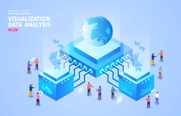 ilustraciones, imágenes clip art, dibujos animados e iconos de stock de negocio global, visualización de gráficos isométricos y análisis de datos - posing earth planet map