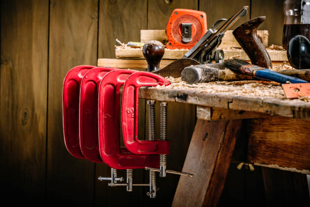 istock Close up of carpentry tools on a home workbench 1163069540