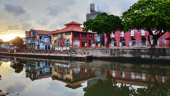 Melaka, Malaysia- 25 Jun, 2019: View of river house and riverwalk with sunrise in Malacca Malaysia. Melaka has a historical site which was declared as the UNESCO world heritage in 2008