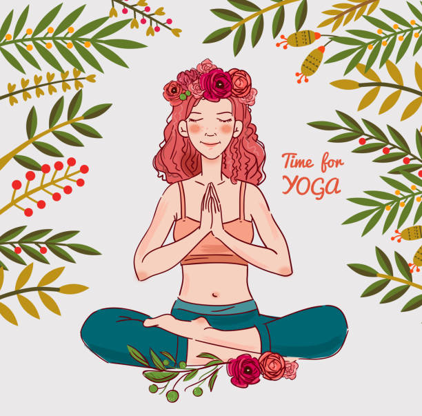 bildbanksillustrationer, clip art samt tecknat material och ikoner med söt, ung kvinna tränar yoga, sitter i lotusställning, händer tillsammans - blomkrona