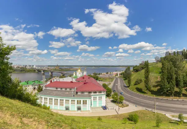 Panoramic view of the Annunciation Monastery, the arrow, the bridge, the river in Nizhny Novgorod, Russia