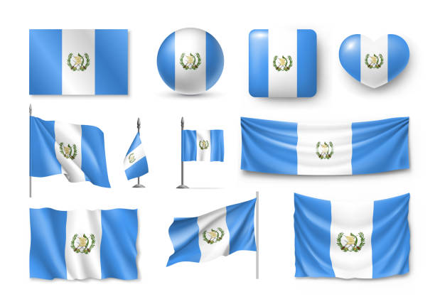 Various flags of Guatemala caribbean country Various flags of Guatemala independent caribbean country. Realistic waving national flag on pole, table flag and different shapes badges. Patriotic symbolics for design isolated vector illustration guatemala stock illustrations